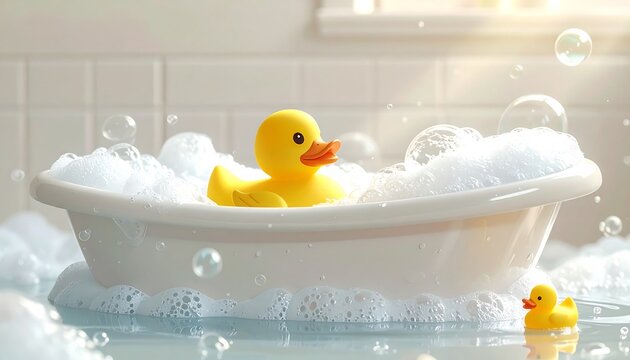 Baby bath tub with rubber ducks and bubbles