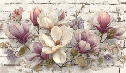 A delicate arrangement of magnolia blossoms in muted pinks and creams, set against a textured backdrop of distressed white bricks, evokes a sense of vintage charm and tranquility.