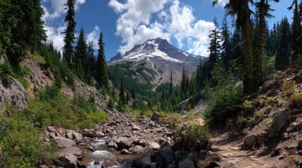 Fototapeta premium A clear stream winds through rocky terrain surrounded by tall trees. Above a grand mountain stands partially covered in snow under a bright blue sky filled with fluffy clouds.