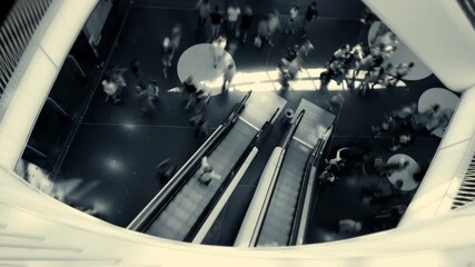 Aerial Perspective of a Crowded Escalator Inside a Busy Shopping Center, Full of Life