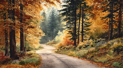 Fototapeta premium A serene autumn landscape featuring a winding road surrounded by vibrant trees in shades of orange and yellow, creating a peaceful atmosphere.