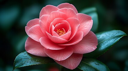 Close-Up of a Vibrant Pink Camellia: Showcasing Delicate Petals & Yellow Stamens, Adorned with Tiny Water Drops & Blurred Dark Green Leaves Background