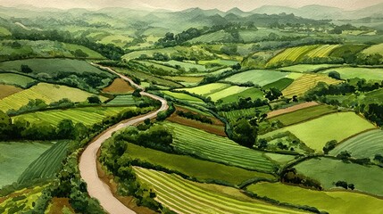 Naklejka premium A scenic watercolor landscape featuring lush green fields, rolling hills, and a winding river, embodying tranquility and natural beauty.
