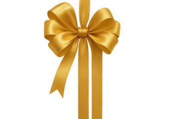 Golden gift bow with ribbon and knot, celebrating holidays, birthdays, luxury, and festive occasions, transparent background