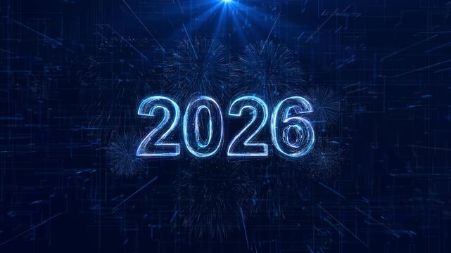 Tech Digits 2026 new year design neon glow Abstract cosmic vibrant technology backdrop. Glowing Congratulation Happy New Year 2026. Futuristic style digital web animation futuristic glowing polygonal