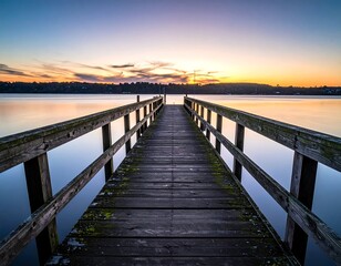 Naklejka premium Peaceful sunrise over a wooden pier