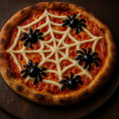 Halloween Pizza with Cheese Spiderweb and Black Olive Spiders