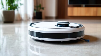 Modern Robotic Vacuum Cleaner on Polished Floor