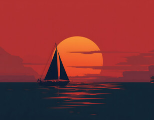Fototapeta premium Minimalist Sailboat on Calm Sea with Bright Sunset Horizon