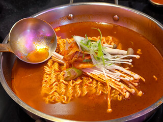 Korean Ramen Soup with Kimchi and Mushrooms