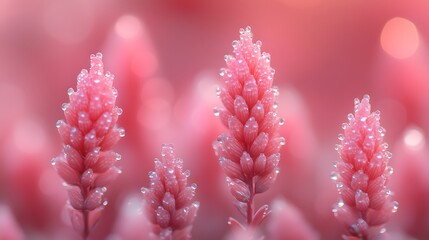 Macro Close-Up of Four Delicate Pink Slender Flower Spikes (In a Row): Covered in Tiny Sparkling Drops, Soft Pink Bokeh Background
