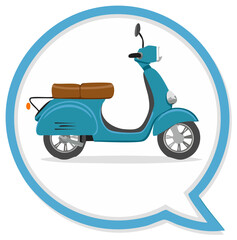 Obraz premium Turquoise scooter icon illustration in blue speech bubble, retro style mobility vehicle, vintage travel scooter transport