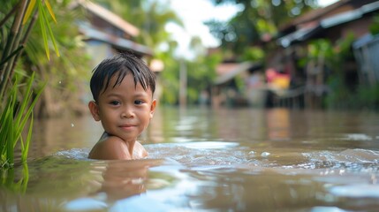 Fototapeta premium Boy playing in the water, cute Asian little boy swimming in river.