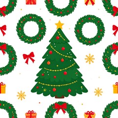 Christmas pattern with wreaths, trees, and gifts