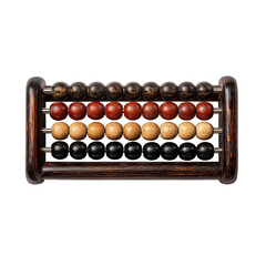 Wooden abacus with colorful beads.  Dark wood frame holds rows of  red, beige, and black beads.  Simple, classic design