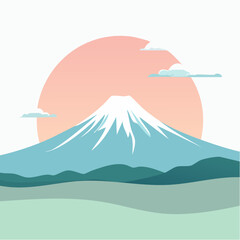 A refined vector illustration of a Mount Fuji silhouette against a pastel dawn in mint green, peach, and light blue, with smooth curves and subtle shading, ideal for minimalist wall art.
