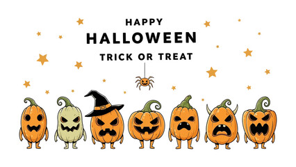 Spooky Halloween: Adorable, animated pumpkins come alive with an array of spooky expressions, surrounded by stars and the inviting phrase Happy Halloween, Trick or Treat.