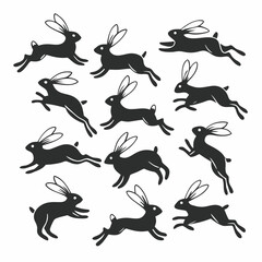 A collection of dynamic black silhouettes of rabbits in various leaping and running poses creating a sense of energetic movement and playful activity across a clean white background