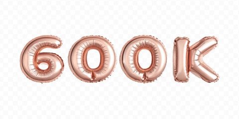 abstract 3d 600K FOLLOWERS typography text made by with different color foil balloons style isolated on transparent background