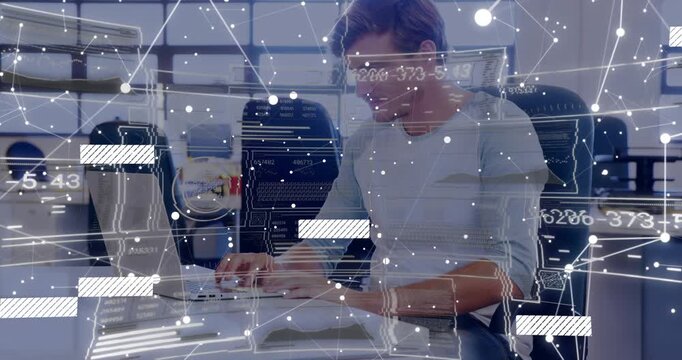 Tech worker pressing laptop keys and adding animated lines with floating nodes showing data flow
