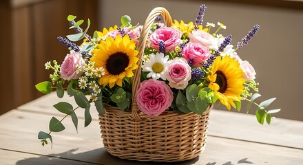 Fototapeta premium Abundant floral arrangement featuring sunflowers roses and lavender, in basket