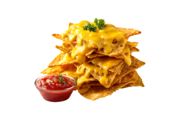 Cheesy nachos with salsa and fresh pico de gallo isolated on transparent background
