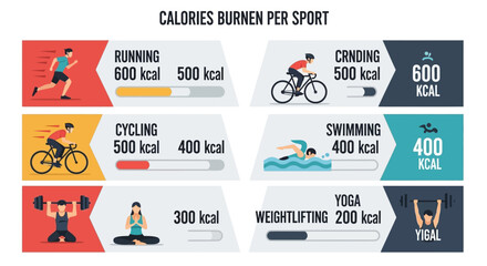 Fototapeta premium Flat lay infographic illustrating calories burned per sport: running, cycling, swimming, weightlifting, and yoga, shown with colorful icons against a white background.