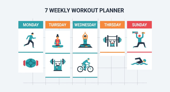 Flat lay of a weekly workout planner infographic showing various fitness activities against a light gray background with a clean and minimalist design. - Powered by Adobe