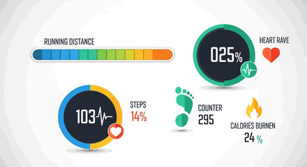 Flat lay of colorful fitness app interface elements showing running distance, heart rate, steps, and calories burned against a white background with a clean, modern