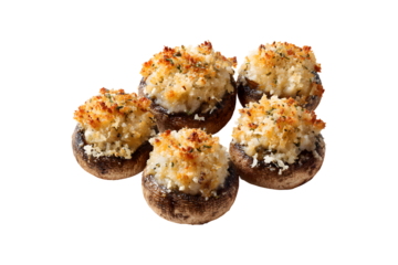 Baked stuffed mushrooms with breadcrumbs and herbs isolated on transparent background
