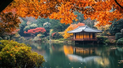 Serene Autumn Japanese Garden Pavilion