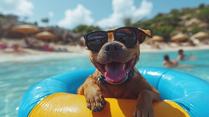 Happy dog in sunglasses on inflatable ring at beach