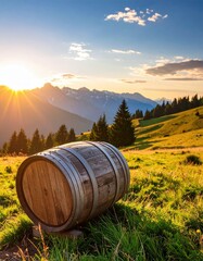 Obraz premium Wooden barrel on grassy hillside at sunset, mountain backdrop