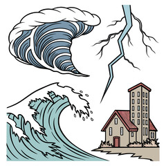 A collection of natural disaster illustrations including a powerful tornado a crashing ocean wave a lightning strike and a sturdy house on land
