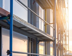 Scaffolding on a building under construction at sunrise