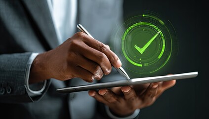 Person in suit digitally approves on tablet