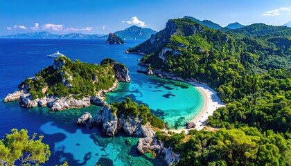 Fototapeta premium Coastal paradise, turquoise bay, lush hills