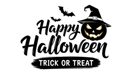 Happy Halloween Graphic: Embrace the spooky season with a festive Halloween graphic, featuring a playful pumpkin, witch's hat, and flying bat, perfect for decorations and cheerful greetings.