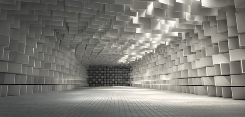 Creative zone with layered shape walls grid floor and angular lighting