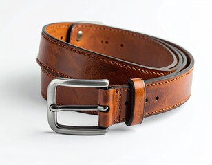 Brown leather belt, curved, on white background
