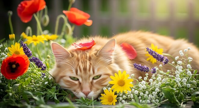 Golden tabby cat serenely resting amidst a vibrant tapestry of wildflowers in natural lighting