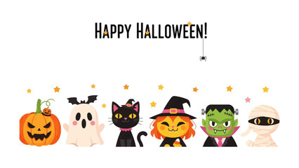 Happy Halloween: A spooky array of beloved Halloween characters smiles playfully.