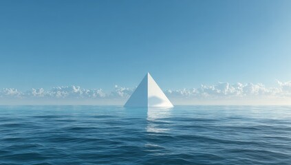 A pristine white pyramid emerges from a calm, blue ocean under a clear sky with low-lying clouds