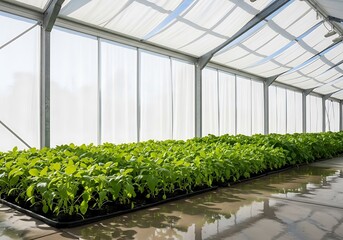 Inside a greenhouse cultivating vibrant green plants under a translucent roof
