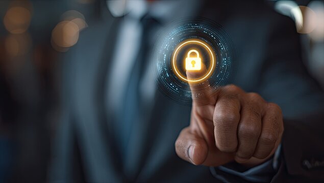 A hand in a suit touches a glowing lock icon