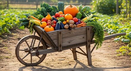 Wheelbarrow overflowing with fresh vegetables in a garden setting.