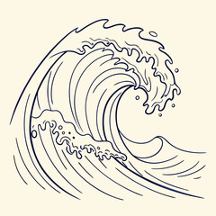 A stylized minimalist line art depiction of a powerful ocean wave cresting and breaking with frothy spray against a soft cream background evoking a sense of natural beauty and movement
