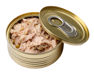 Open can of wet cat food with tender meat chunks and visible vegetables, metallic container, pet product, isolated on transparency background, appetizing and fresh appearance
