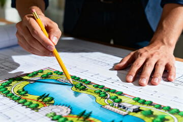 landscape designer reviewing blueprint with pencil, architectural and tree patterns visible, focused on creative planning and detailed design process.Generated by AI