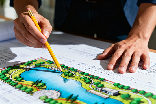 landscape designer reviewing blueprint with pencil, architectural and tree patterns visible, focused on creative planning and detailed design process.Generated by AI